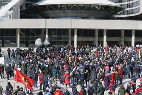 A rally in support of Wet’suwet’en hereditary chiefs saw demonstrators march from Queen’s Park to City Hall on Saturday, Feb. 22, 2020. (Veronica Henri/Toronto Sun/Postmedia Network)