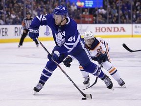 Maple Leafs defenceman Morgan Rielly has been out of the lineup since Jan. 12 when he suffered a broken foot against the Florida Panthers. (John E. Sokolowski/USA TODAY Sports)
