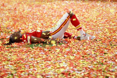 Demarcus Robinson of the Kansas City Chiefs celebrates after defeating San Francisco 49ers by 31-20  in Super Bowl LIV at Hard Rock Stadium on February 2, 2020 in Miami. (Kevin C. Cox/Getty Images)