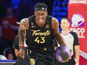 Raptors’ Pascal Siakam dribbles during Saturday night’s skills challenge portion of the NBA all-star weekend at the United Center in Chicago. (USA TODAY SPORTS)