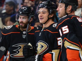 Sonny Milano (middle) of the Anaheim Ducks. Gary A. Vasquez-USA TODAY Sports