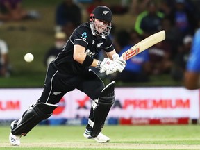 New Zealand's Henry Nicholls bats a one-day international cricket match between New Zealand and India at the Bay Oval in Mount Maunganui on Feb. 11, 2020. (MICHAEL BRADLEY/Getty Images)