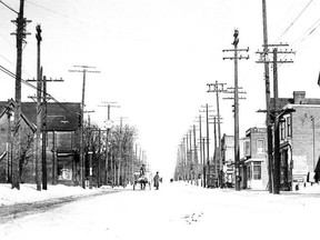 Looking north on Yonge St. to Eglinton Ave. Long time residents tell me that the two gentlemen in the view are the Town of North Toronto's lone constable chatting with the town's lone garbage collector.