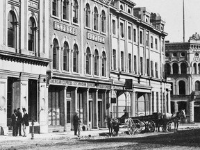 When, on May 2, 1867, William McMaster (of McMaster University and McMaster Hall, now Koerner Hall, fame) opened the new Canadian Bank of Commerce he had helped establish, the site McMaster and his directors had selected for the bank's first place of business was in the building at the southeast corner of Yonge and Colborne Sts. That building can be seen at the extreme left of this "ancient" photo that appeared in the 1868 publication Toronto in the Camera. The photos in this extremely rare book are some of the earliest images taken of our city. To the right of McMaster's bank building is the Express Building in which American Express, a company established in Buffalo, New York in1853, had opened its first Toronto office. The next street to the south is Wellington.