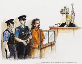 Sun archives sketch of Stuart McKellar Cameron, accused of the stabbing murder of Tina Wu in July 2000, during a court appearance. (Illustration by Carlo Provenzano)