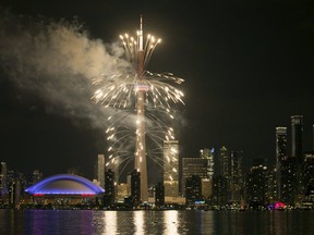 File photo of Toronto Skyline lit up by fireworks.