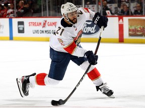 Vincent Trocheck of the Florida Panthers takes a shot against the New Jersey Devils at Prudential Center on February 11, 2020 in Newark, New Jersey. (Elsa/Getty Images)