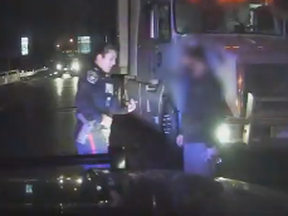 A trucker, 42, from Ajax, was charged with impaired driving after he was allegedly caught driving in oncoming lanes of traffic on a busy road in Vaughan on Feb. 4, 2020. (York Regional Police video image)