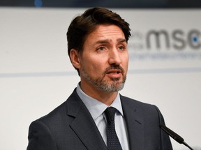 Canada's Prime Minister Justin Trudeau addresses a press conference at the 56th Munich Security Conference (MSC) in Munich, Germany, on Feb. 14, 2020. (Thomas Kienzle/AFP via Getty Images)