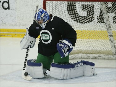 Toronto Maple Leafs Jack Campbell G (36) turns away a shot during practice in Toronto on Wednesday February 19, 2020. Jack Boland/Toronto Sun/Postmedia Network