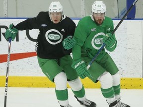 Toronto Maple Leafs Egor Korshkov RW (96) and Frederik Gauthier C (33) during practice in Toronto on February 19, 2020.