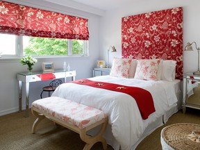 A statement headboard reinforces the bed as the focal point in this airy, spring like room.