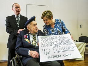 Second World War veteran Pte. Fred Arsenault joined by son Ron Arsenault, and son's wife Betty, during his 100th birthday celebration at Sunnybrook Veterans Centre on Thursday.