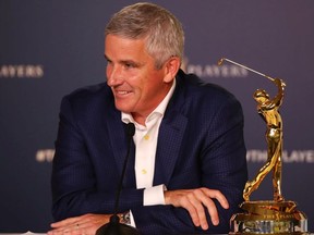 PGA TOUR Commissioner Jay Monahan speaks to the media during a practice round for The PLAYERS Championship on The Stadium Course at TPC Sawgrass on March 13, 2019 in Ponte Vedra Beach, Florida.
