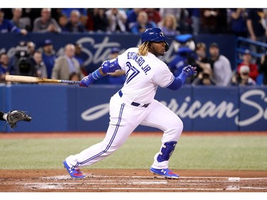 Vladimir Guerrero Jr. #27 of the Toronto Blue Jays grounds out in his first Major League at-bat in the second inning during MLB game action against the Oakland Athletics at Rogers Centre on April 26, 2019 in Toronto, Canada.