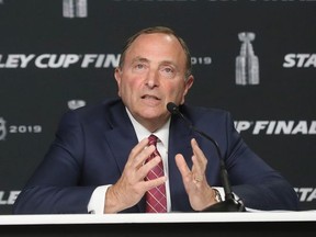 Commissioner Gary Bettman of the National Hockey League speaks with the media prior to Game One of the 2019 NHL Stanley Cup Final at TD Garden on May 27, 2019 in Boston, Massachusetts.