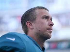 Nick Foles of the Jacksonville Jaguars looks on during a preseason game against the Atlanta Falcons at TIAA Bank Field on August 29, 2019 in Jacksonville, Florida.