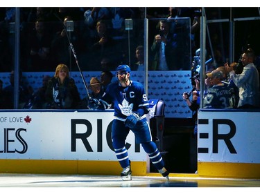John Tavares #91 of the Toronto Maple Leafs in introduced as the Maple Leafs Captain, prior to during an NHL game against the Ottawa Senators at Scotiabank Arena on October 2, 2019 in Toronto, Canada.