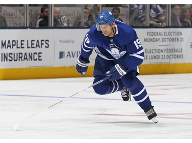 Jason Spezza #19 of the Toronto Maple Leafs skates against the St. Louis Blues during an NHL game at Scotiabank Arena on October 7, 2019 in Toronto, Ontario, Canada.