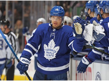 Andreas Johnsson #18 of the Toronto Maple Leafs celebrates a goal against the Tampa Bay Lightning during an NHL game at Scotiabank Arena on October 10, 2019 in Toronto, Ontario, Canada.