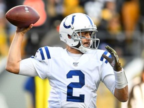 Brian Hoyer of the Indianapolis Colts throws a pass during the fourth quarter against the Pittsburgh Steelers at Heinz Field on November 3, 2019 in Pittsburgh, Pennsylvania.