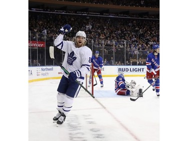 William Nylander #88 of the Toronto Maple Leafs celebrates his goal at 11:52 of the first period against Alexandar Georgiev #40 of the New York Rangers at Madison Square Garden on December 20, 2019 in New York City.