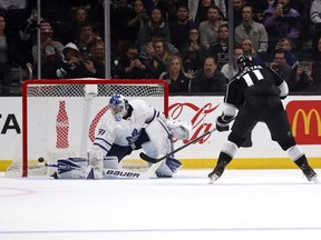 Anze Kopitar #11 of the Los Angeles Kings scores a goal against Frederik Andersen #31 of the Toronto Maple Leafs during a shootout at Staples Center on March 05, 2020 in Los Angeles, California. (Photo by Katelyn Mulcahy/Getty Images)
