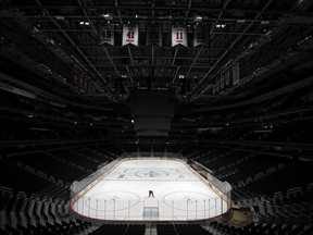 Sam Hess, Operations with Monumental Sports & Entertainment, skates alone prior Detroit Red Wings playing against the Washington Capitals at Capital One Arena on March 12, 2020 in Washington, DC.