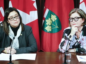 Dr. Eileen de Villa, medical officer of health for the City of Toronto(L) and Dr. Barbara Yaffe,   Associate Chief Medical Officer of Health for Ontario, provide an update on the coronavirus on March 11, 2020. (Veronica Henri, Toronto Sun)