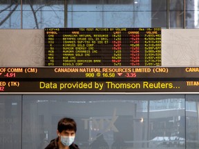 Monitors dMonitors display the stock market numbers in the financial district as the number of novel coronavirus cases continues to grow in Toronto, March 16, 2020. (REUTERS/Carlos Osorio)isplay the stock market numbers in the financial district as the number of novel coronavirus cases continues to grow in Toronto, Ontario, Canada March 16, 2020.  REUTERS/Carlos Osorio