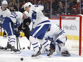 The return of Cody Ceci right) with Morgan Rielly 44) likely right behind him should  be a big boost to a beleaguered Toronto blue line. (AP Photo/Ross D. Franklin)