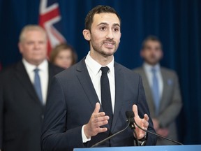 Ontario Education Minister Stephen Lecce answers questions at the daily briefing at Queen's Park in Toronto on Tuesday March 31, 2020.