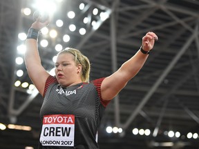Canada's Brittany Crew competes in the qualifying round of the women's shot put athletics event at the 2017 IAAF World Championships at the London Stadium. (GETTY IMAGES)