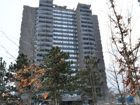 The condo buildings at 4101 Sheppard Ave. E. (pictured) and 4091 Sheppard Ave. E. were given a notice by building management that an onsite security staff member had tested positive for COVID-19. GOOGLE STREETVIEW