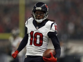 DeAndre Hopkins of the Houston Texans runs after catching a pass against the Oakland Raiders at Estadio Azteca on November 21, 2016 in Mexico City, Mexico.  (Photo by Buda Mendes/Getty Images)