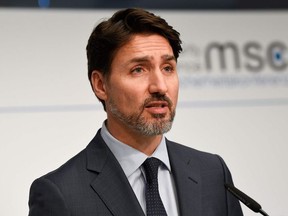 In this file photo taken on February 14, 2020 Canada's Prime Minister Justin Trudeau addresses a press conference at the 56th Munich Security Conference (MSC) in Munich, southern Germany.
