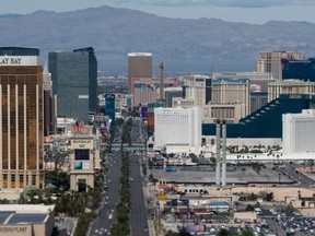 The Las Vegas Strip, including the Mandalay Bay, MGM Grand, Trump International Hotel Las Vegas and other hotels and casinos, is seen from the air in Las Vegas.