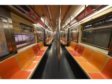 An empty New York Subway car is seen on March 23, 2020 in New York City.
