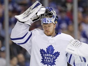 Frederik Andersen has made 50 starts so far this season, tying him for third-most in the NHL prior to games on Wednesday. (Michael Reaves/Getty Images)