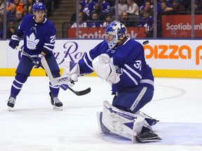 Maple Leafs goaltender Frederik Andersen makes a save against the Tampa Bay Lightning on Tuesday night. Anderson made 32 saves in Toronto's 2-1 win. (John E. Sokolowski/USA TODAY Sports)