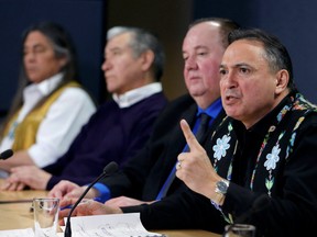 Assembly of First Nations (AFN) National Chief Perry Bellegarde speaks to the news media at the National Press Theatre in Ottawa, Ontario, Canada on Feb. 18, 2020. (REUTERS/Patrick Doyle)