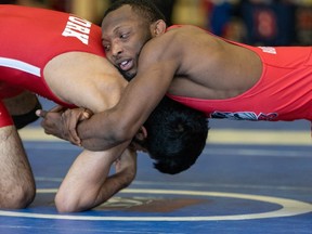 Brock University’s Jevon Balfour (right) is contesting a decision by Wrestling Canada that his results from a recent wrestle-off have been nullified. He wore goggles during a recent wrestle-off to protect his detached retina.  PHOTO COURTESY OF BROCK UNIVERSITY