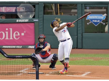 Toronto Blue Jays third baseman Vladimir Guerrero Jr. (27) during the first round in the 2019 MLB Home Run Derby at Progressive Field.