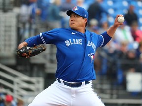 Toronto Blue Jays starting pitcher Hyun-Jin Ryu throws a pitch during the first inning against the Minnesota Twins at TD Ballpark.