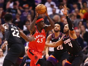 Toronto Raptors forward Pascal Siakam (43) drives to the basket against the Phoenix Suns in the first half at Talking Stick Resort Arena.