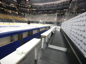 The Toronto Maple Leafs bench will remain unmanned until further notice  in Toronto. (JACK BOLAND/TORONTO SUN)