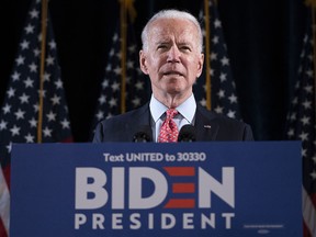 Democratic presidential candidate Joe Biden delivers remarks about the coronavirus outbreak, at the Hotel Du Pont March 12, 2020 in Wilmington, Delaware. (Drew Angerer/Getty Images)