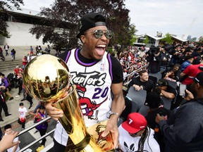 Raptors guard Kyle Lowry celebrates during the 2019 Toronto Raptors Championship parade. THE CANADIAN PRESS/Frank Gunn