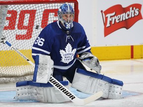 Maple Leafs goaltender Jack Campbell will start is getting his first start for the Maple Leafs since Feb. 15. Toronto is playing the Sharks in San Jose on Tuesday night. (Claus Andersen/Getty Images)