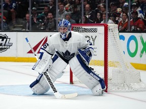 Maple Leafs goaltender Jack Campbell stands ready against the Ducks on Friday night in Anaheim, Calif. (Kirby Lee/USA TODAY Sports)